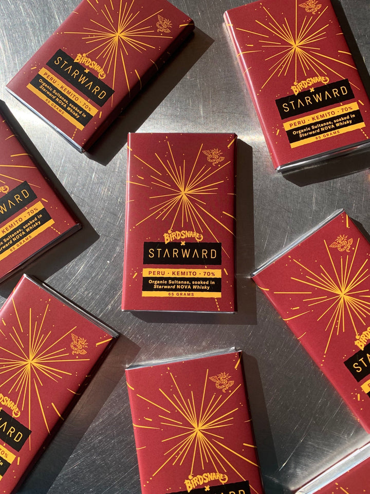 A dark chocolate bar from Melbourne bean-to-bar chocolate makers, Birdsnake Chocolate, infused with Starward Nova whisky.
